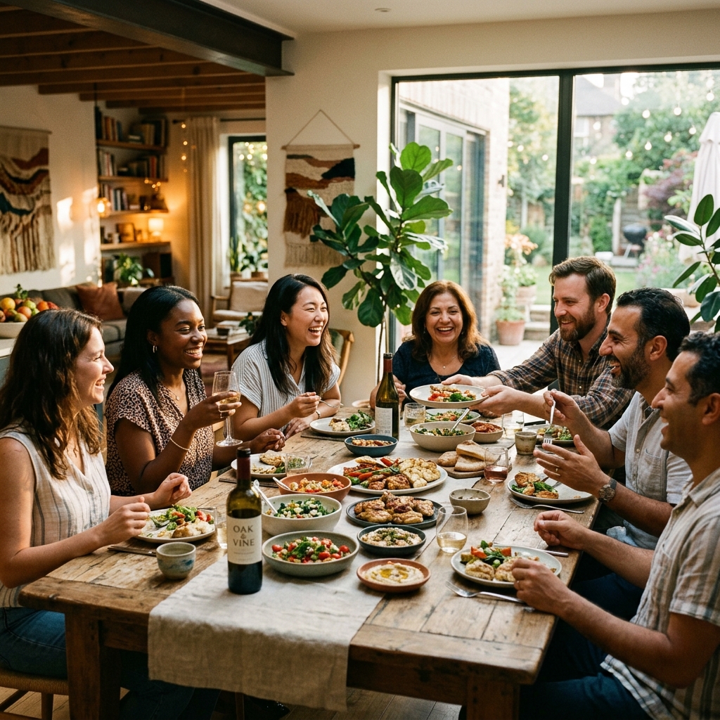 A diverse group of people sharing a joyful meal together in a warm, sunlit home